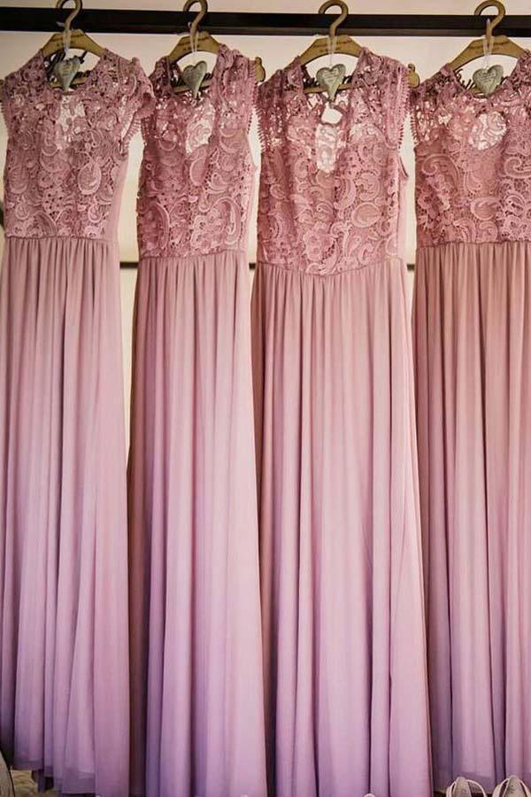 Round Neck Cap Sleeves  Chiffon Bridesmaid Dress with Lace BD050