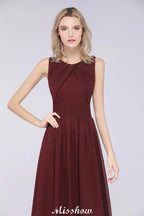 Round-Neck Floor-Length Ruffles Chiffon Bridesmaid Dress Aline Sleeveless Maid of Honor Dress