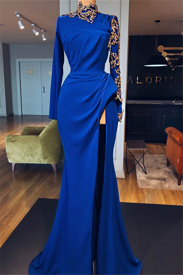 Royal Blue High Neck Mermaid Prom Dresses with Slit Elegant Long Sleeves Evening Gowns