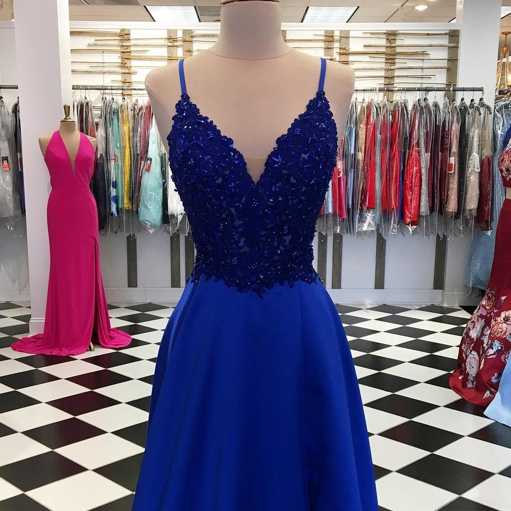 Royal Blue Long A-Line Sequins Satin V-neck Prom Dresses