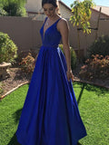 Royal Blue Long A Line V Neck Satin Formal Graduation Prom Dresses