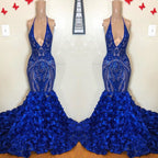 Royal Blue Mermaid Prom Dress Flowers Bottom Sequins V-Neck