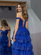 Princess A Line Off the Shoulder Corset Prom Dress with Lace Ruffles