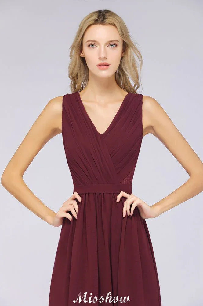 Ruffle A-Line Floor-Length Bridesmaid Dress Chiffon Lace V-Neck Evening Dress
