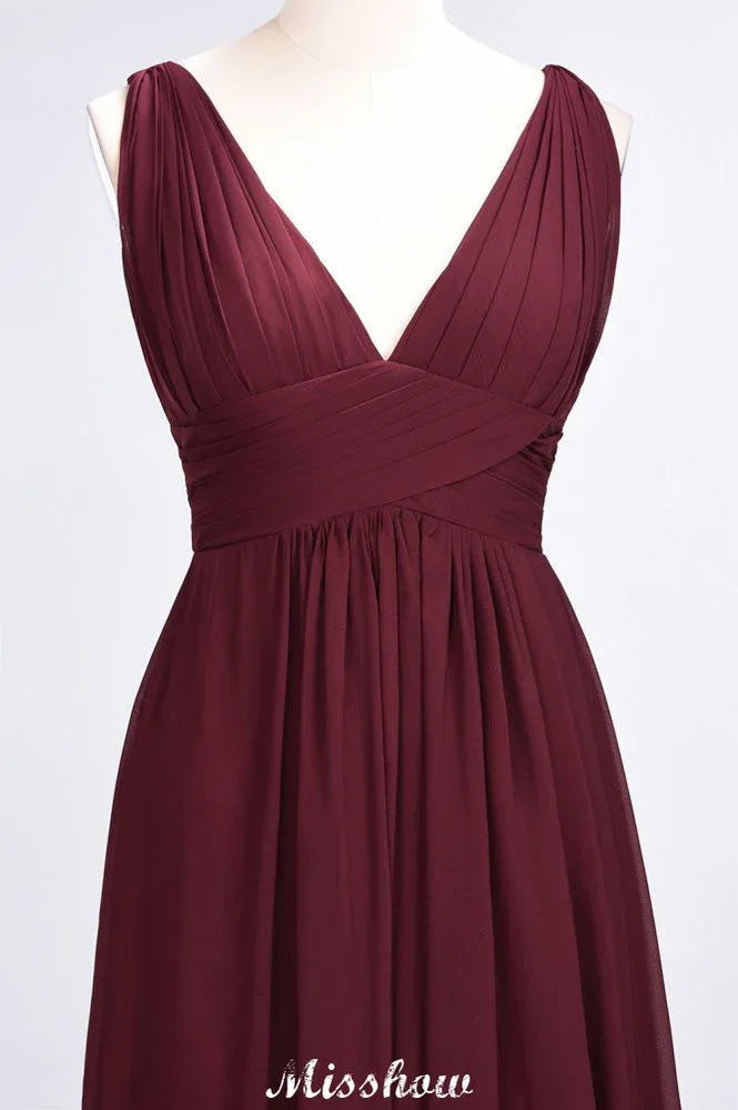Ruffle Chiffon Sleeveless Evening Maxi Gown V-Neck Bridesmaid Dress