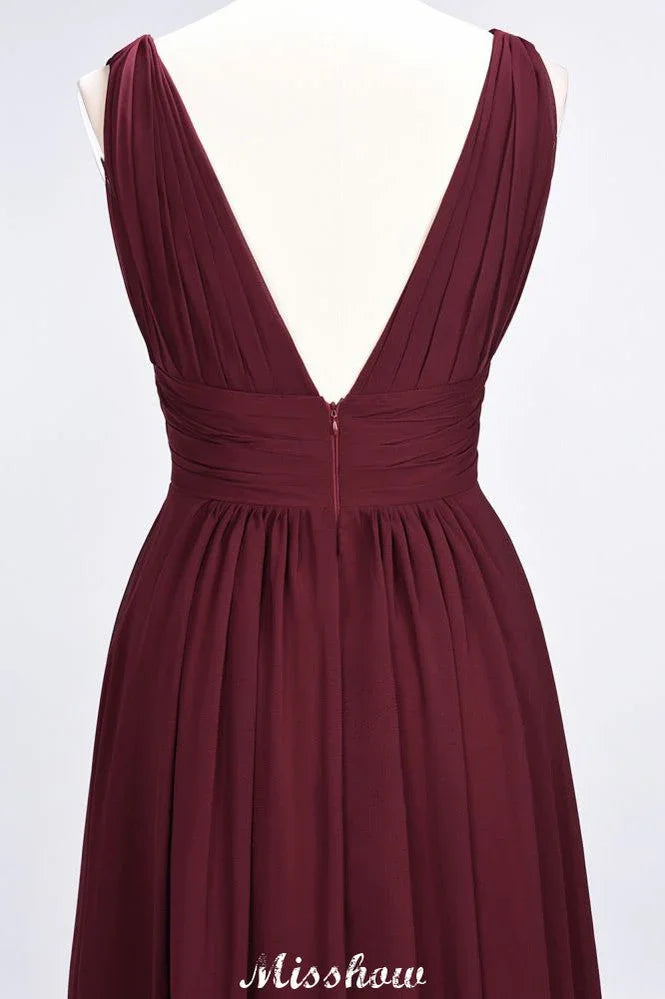 Ruffle Chiffon Sleeveless Evening Maxi Gown V-Neck Bridesmaid Dress