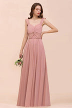 Ruffle Straps A-line Maxi Dusty Pink Bridesmaid Dress for Girls