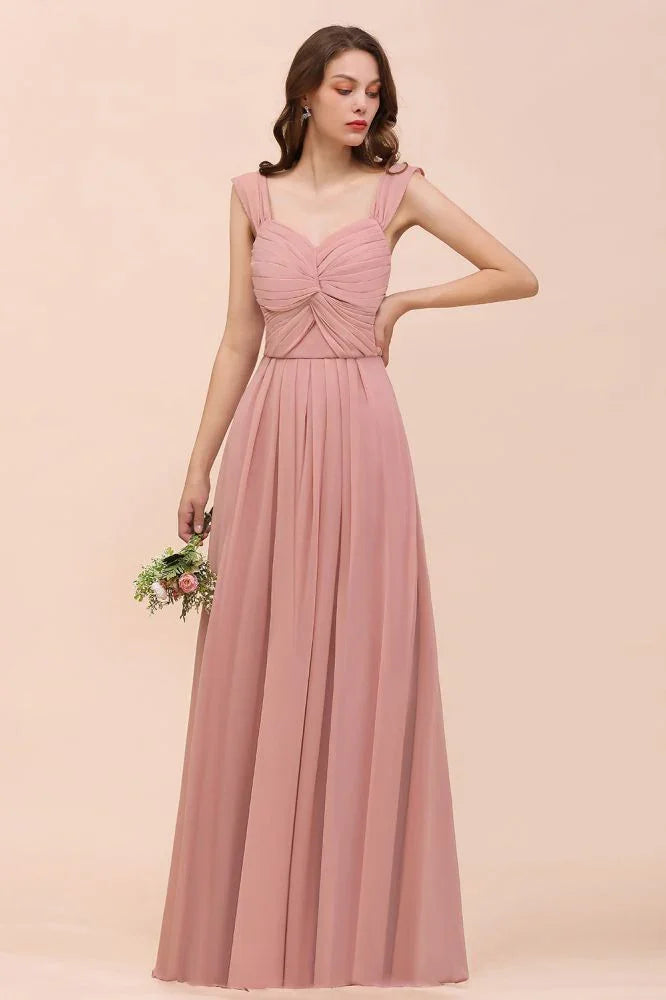 Ruffle Straps A-line Maxi Dusty Pink Bridesmaid Dress for Girls