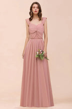 Ruffle Straps A-line Maxi Dusty Pink Bridesmaid Dress for Girls