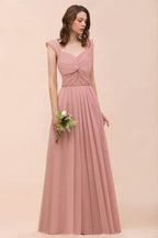 Ruffle Straps A-line Maxi Dusty Pink Bridesmaid Dress for Girls
