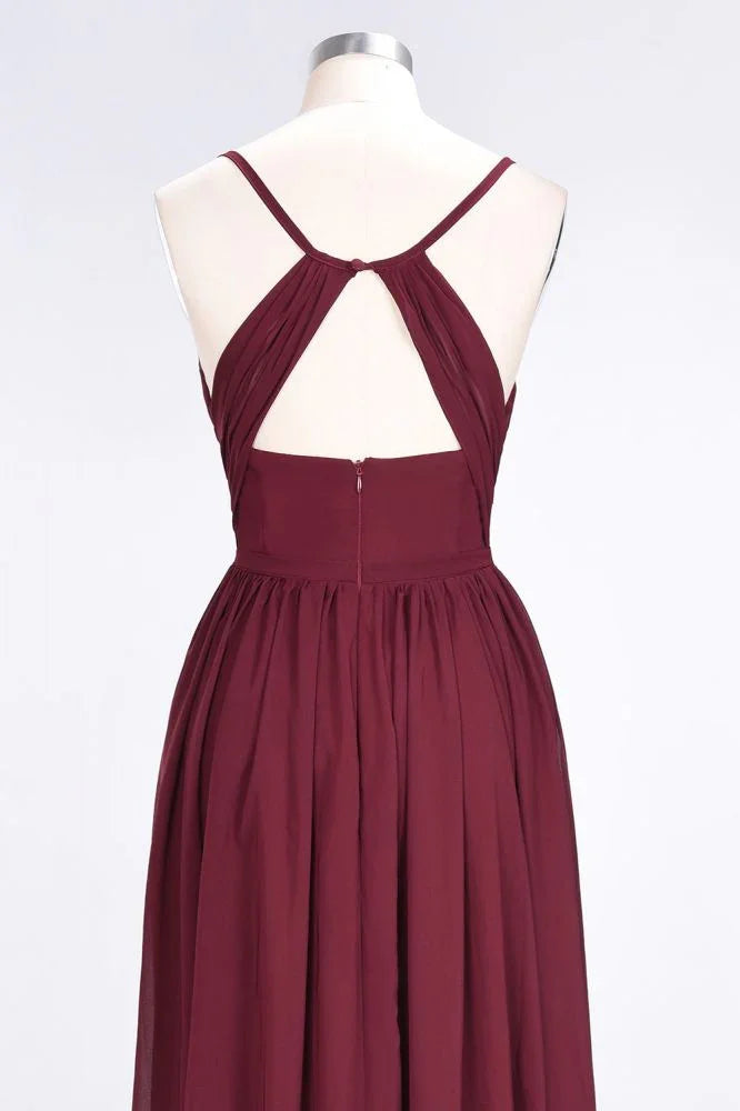 Ruffles Chiffon Spaghetti-Straps V-Neck Sleeveless Floor-Length Bridesmaid Dress