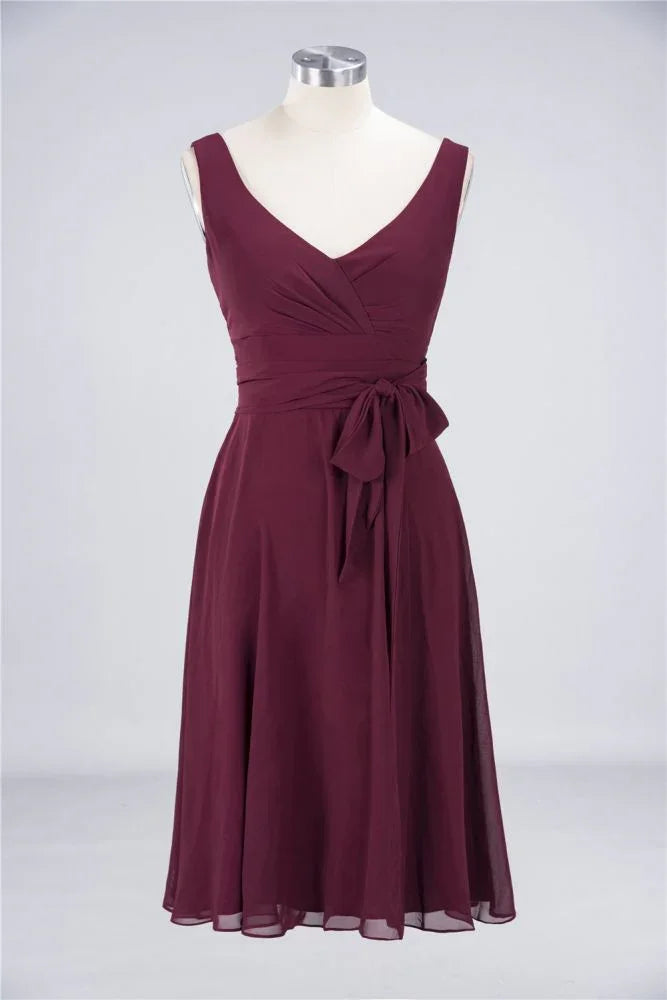 Ruffles Knee-Length Bridesmaid Dress Sleeveless V-Neck Mini Cocktail Party Dress