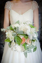 Scoop Cap Sleeves Sweep Train Beading Pleated Wedding Dress with Beading