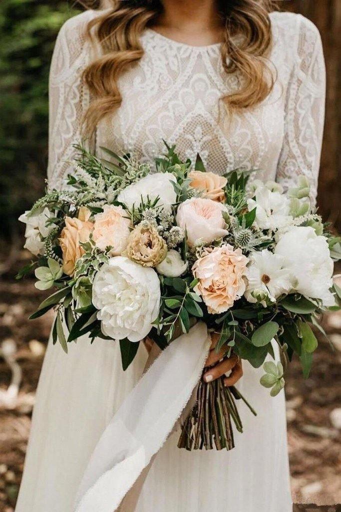 Scoop Long Sleeve Chiffon Wedding Dresses Backless Ivory Bridal Gown