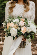Scoop Long Sleeve Chiffon Wedding Dresses Backless Ivory Bridal Gown