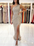 Elegant Mermaid One Shoulder Sequined Sleeveless Long Prom Dress with Front Split