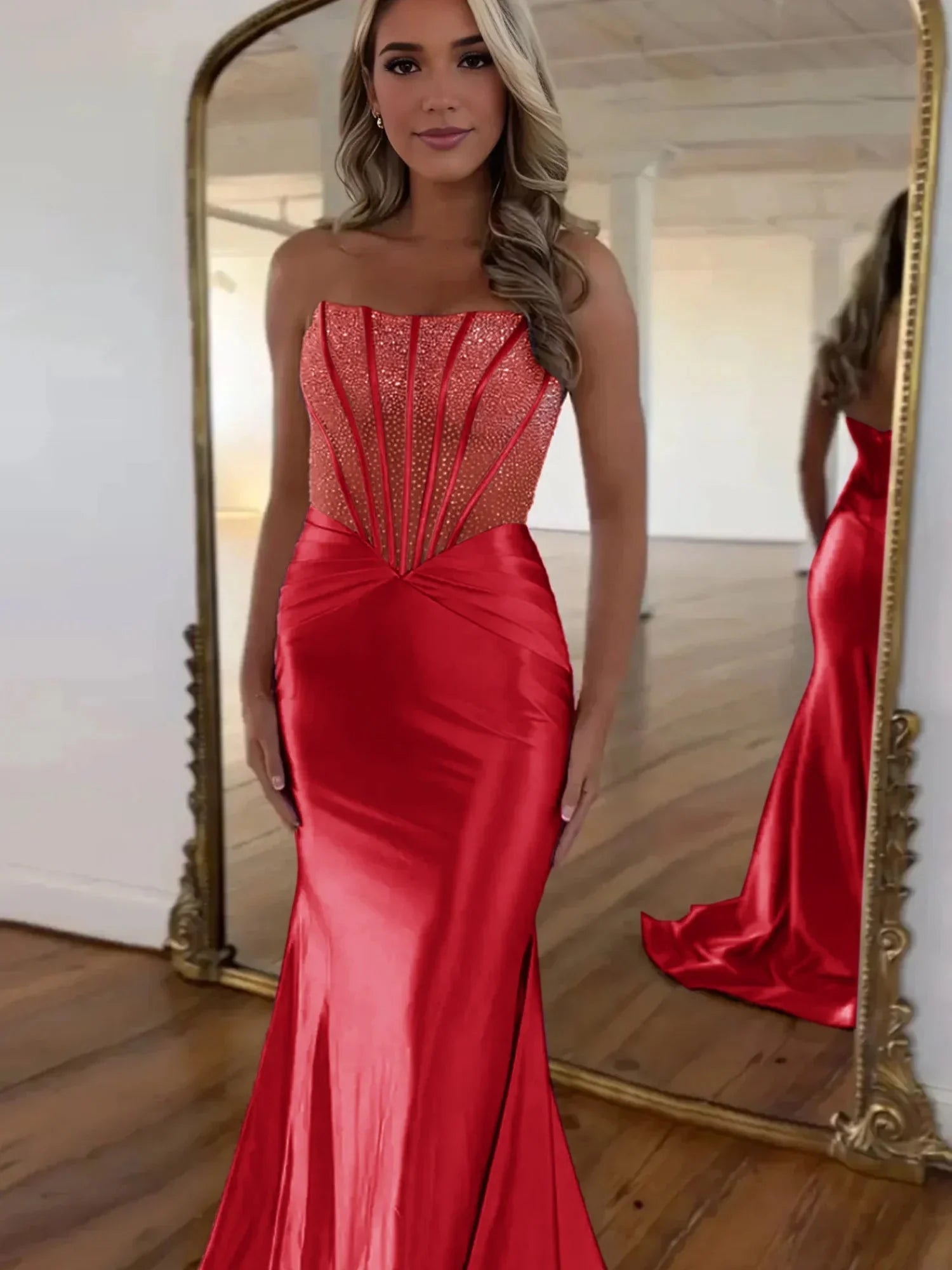 Serin | Purple Strapless Mermaid Satin Long Prom Dress With Beading