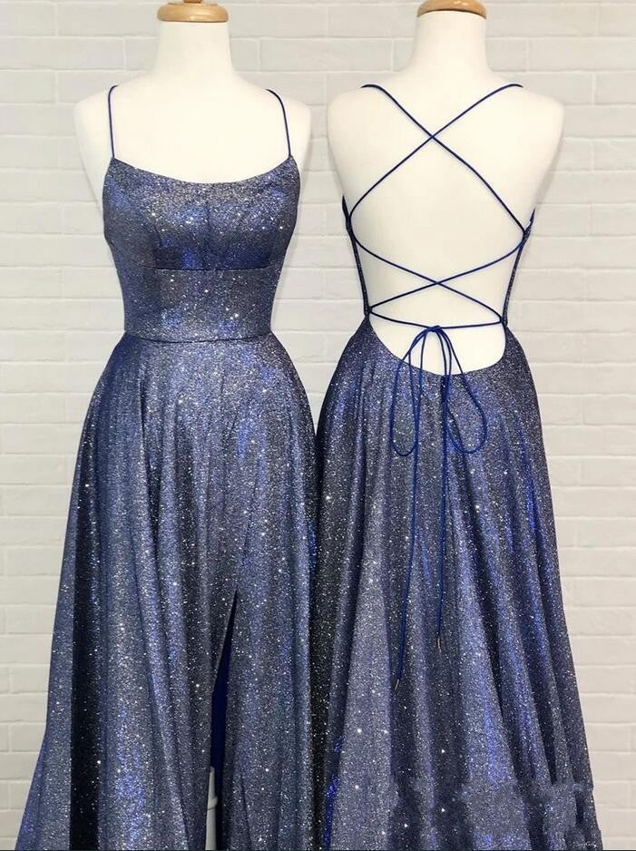 Sexy A-line Bright Silk Open Back Long Prom Dress with Slit