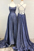 Sexy A-line Bright Silk Open Back Long Prom Dress with Slit