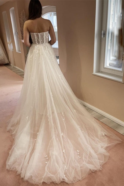 Sexy A-line Long Glitter Lace Sleeveless Wedding Dresses With Slit
