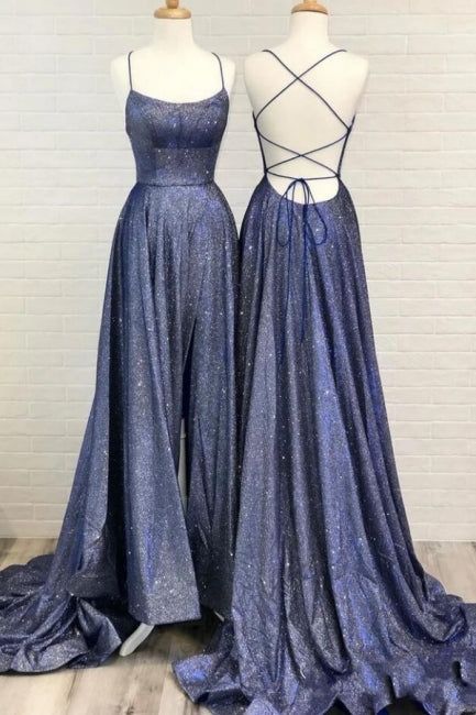 Sexy A-line Spaghetti Straps Ruffles Prom Dress with Slit