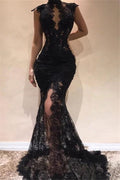 Sexy Black Long Mermaid High Neck Keyhole Lace Prom Dress With Slit