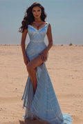 Sexy Blue V-neck Sequined Mermaid Prom Dress With Slit