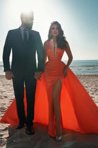 Sexy Deep V-Neck Crystals Satin Mermaid Prom Dress with Sweep Train Side Slit