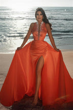 Sexy Deep V-Neck Crystals Satin Mermaid Prom Dress with Sweep Train Side Slit