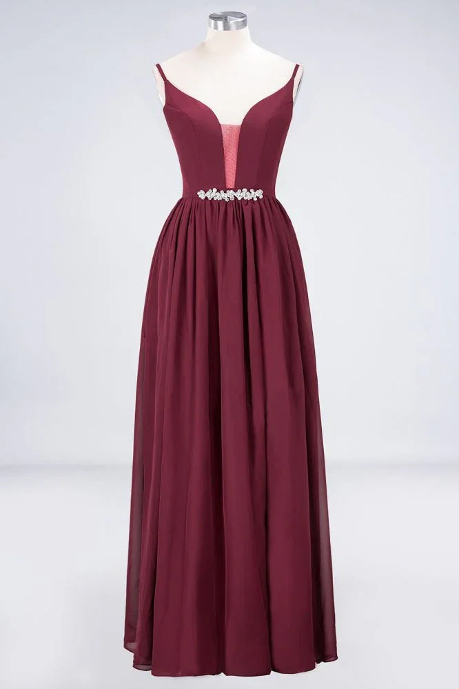 Sexy Double Deep V-Neck Ruffles Sleeveless Bridesmaid Dress Chiffon Side Split Evening Party Dress