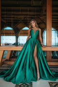 Sexy Green Long A-line V-neck Satin Prom Dress with Slit