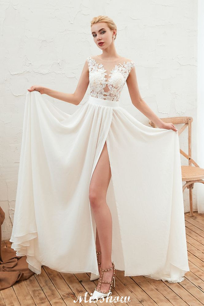 Sexy High Split Cap Sleeve Wedding Dress Sheer Back Ivory Lace Bridal Gown