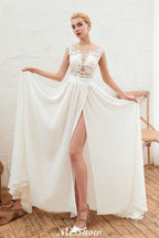 Sexy High Split Cap Sleeve Wedding Dress Sheer Back Ivory Lace Bridal Gown