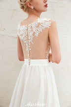 Sexy High Split Cap Sleeve Wedding Dress Sheer Back Ivory Lace Bridal Gown