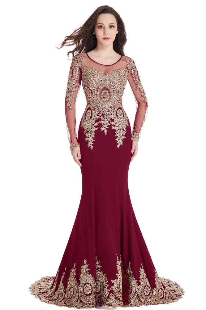 Sexy Lace Appliques Long Sleeves Mermaid Prom Dresses