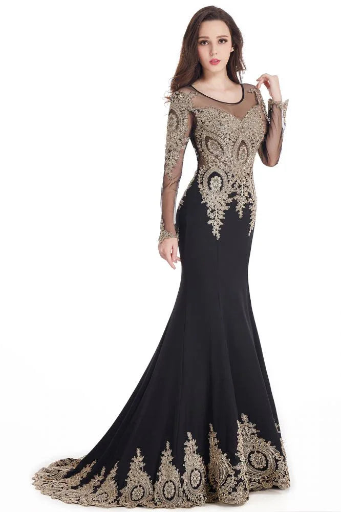 Sexy Lace Appliques Long Sleeves Mermaid Prom Dresses