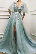 Sexy Long A-line Deep V Neck Tulle Front Slit Prom Dress with Sleeves