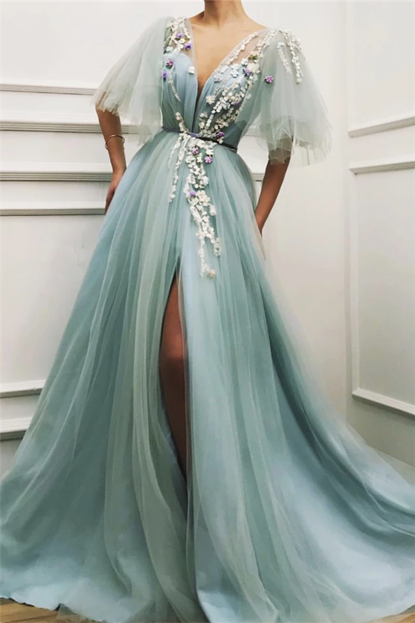 Sexy Long A-line Deep V Neck Tulle Front Slit Prom Dress with Sleeves