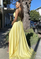 Sexy Long A-line V-neck Backless Satin Backless Formal Prom Dresses with Slit