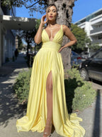 Sexy Long A-line V-neck Backless Satin Backless Formal Prom Dresses with Slit