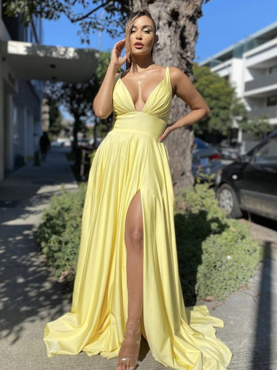 Sexy Long A-line V-neck Backless Satin Backless Formal Prom Dresses with Slit
