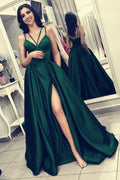 Sexy Long A-line V-neck Spaghetti Straps Backless Front Slit Prom Dress With Pockets