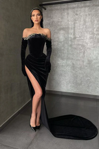 Sexy Long Black Off-the-shoulder Long Sleeves Mermaid Prom Dress With Slit