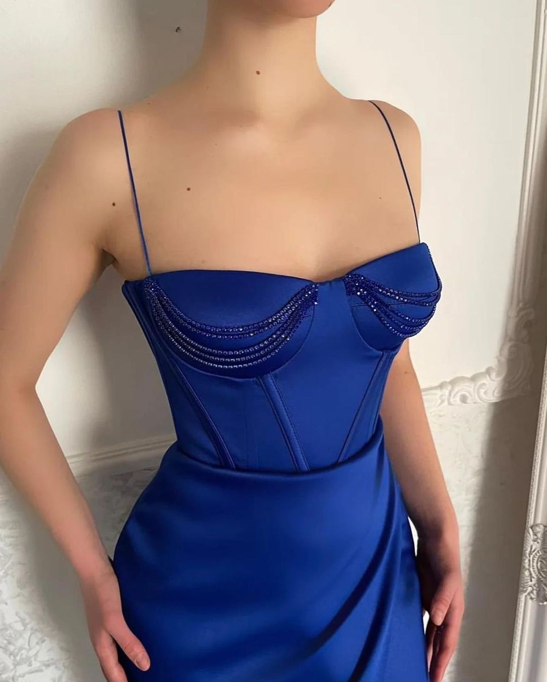 Sexy Long Blue Spaghetti Straps Mermaid Sleeveless Prom Dress With Slit