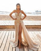 Sexy Long Mermaid Appliques Lace Split Wedding Dress With Side Train