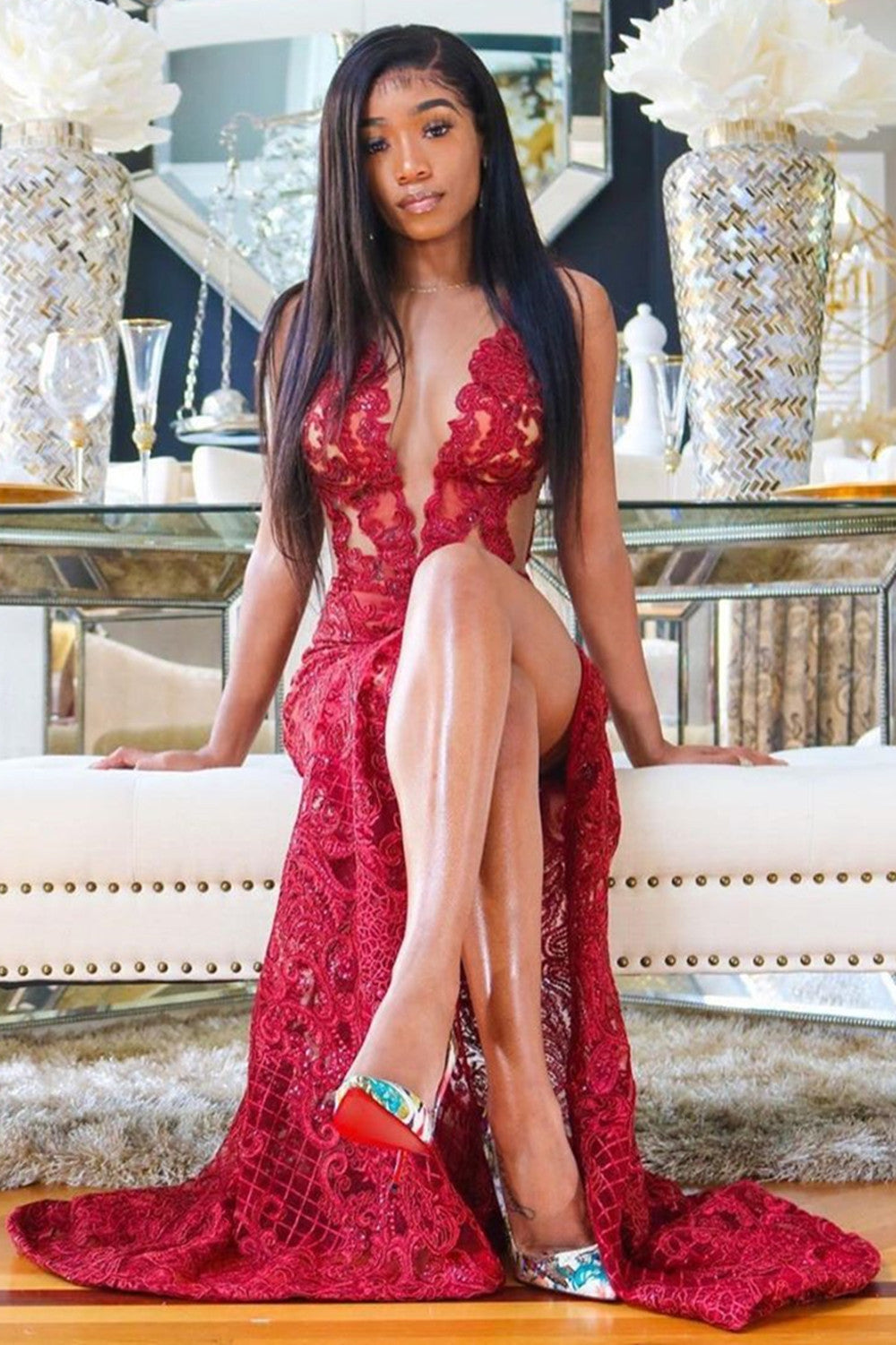 Sexy Long Mermaid Bateau Lace Burgundy Prom Dress With Slit
