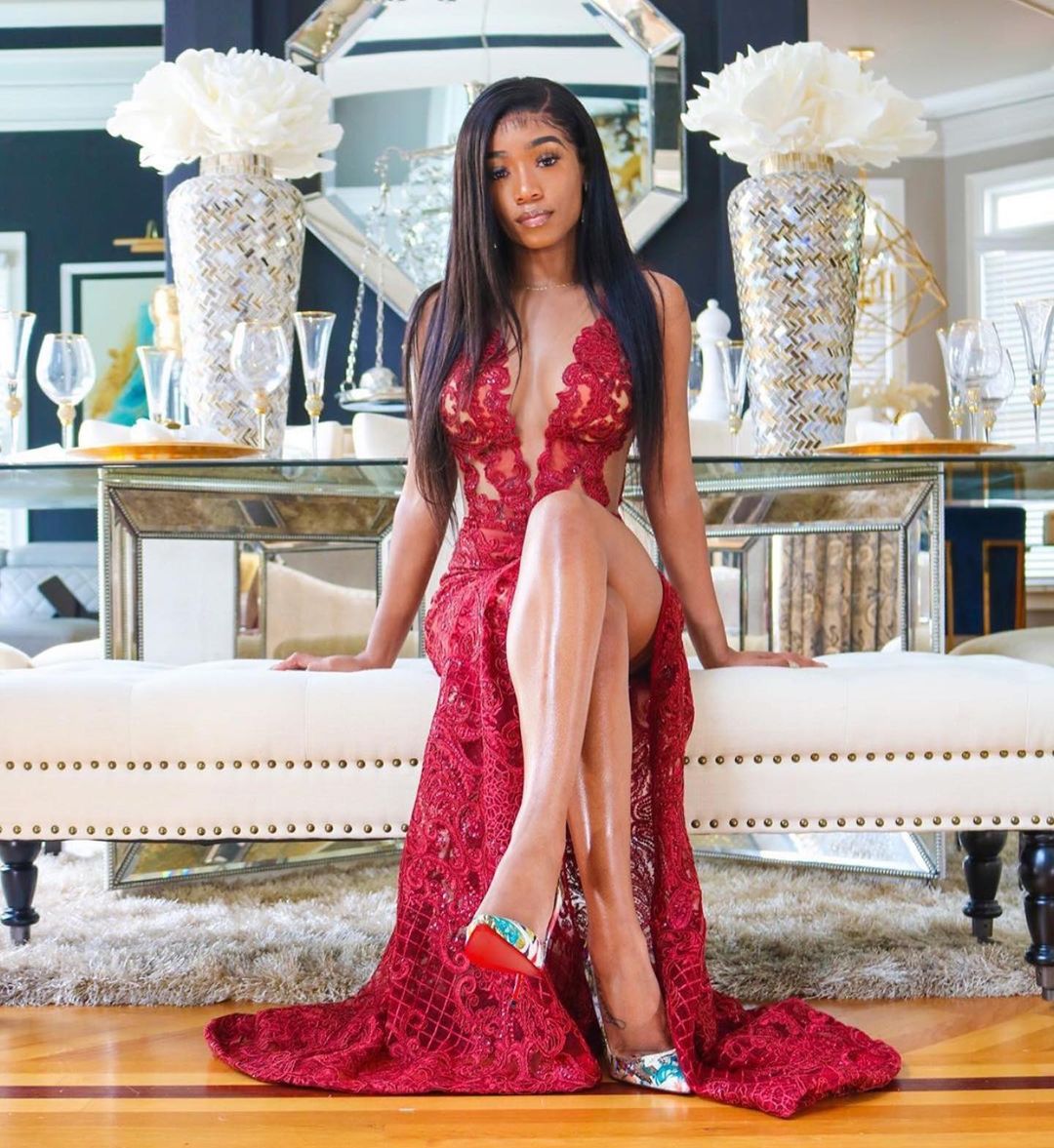 Sexy Long Mermaid Bateau Lace Burgundy Prom Dress With Slit