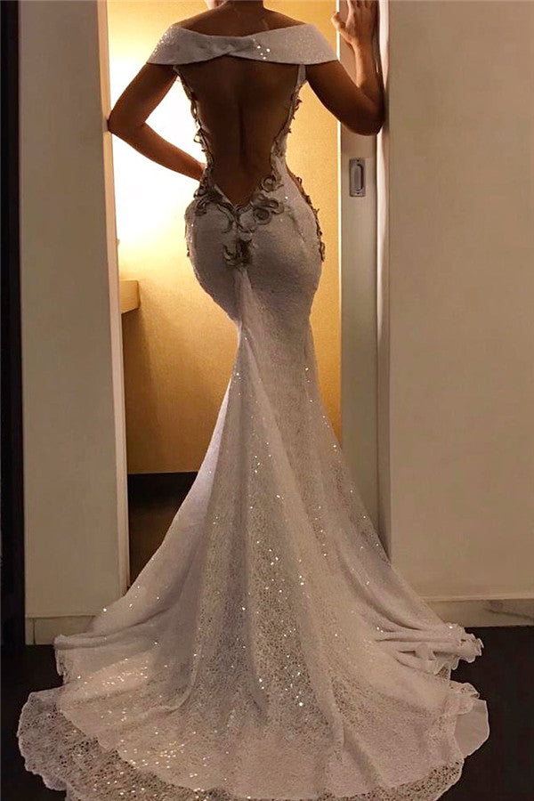Sexy Long Mermaid Off-the-shoulder Backless Evening Dresses with Cap Sleeves