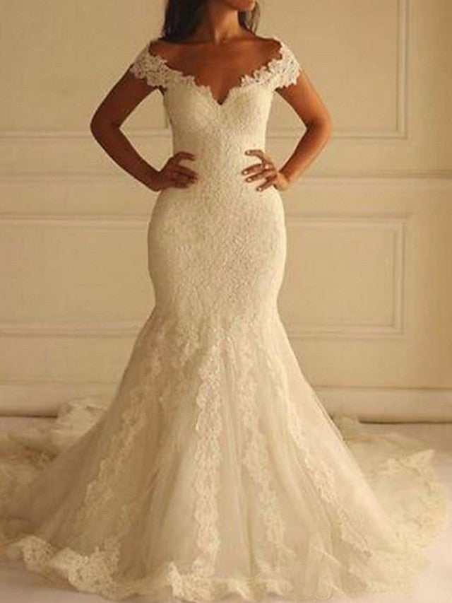 Sexy Long Mermaid Off the Shoulder Lace Wedding Dresses