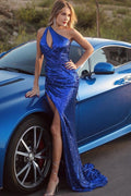 Sexy Long Mermaid One Shoulder Sequins Prom Dress With Slit